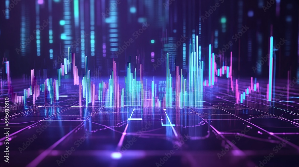 Poster abstract digital visualization of data with colorful graphs and charts in a futuristic setting, idea