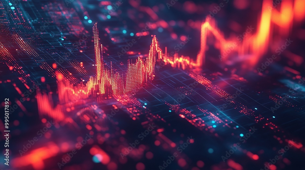 Poster abstract digital visualization showing data trends and fluctuations on a vibrant background.