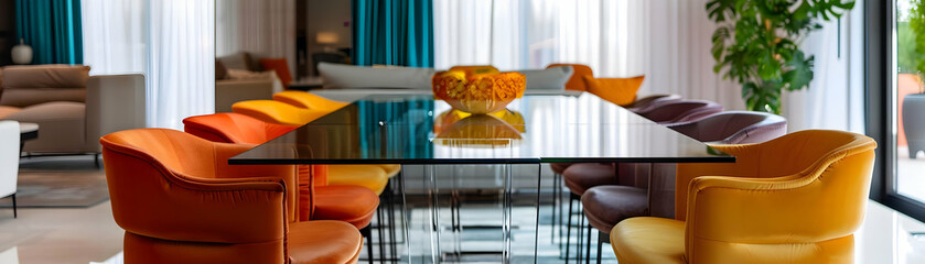 Modern Interior Design with Colorful Velvet Chairs Around a Glass Table - Photo