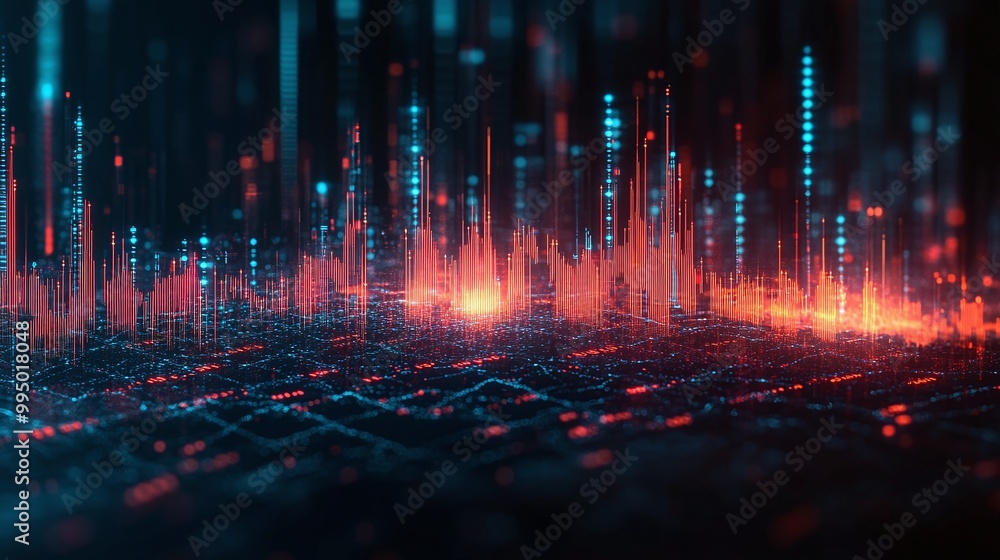 Poster abstract digital visualization with vibrant colors representing data streams and sound waves in a fu