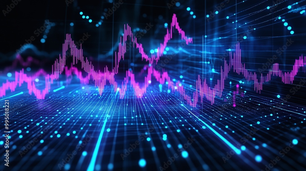 Poster abstract digital wave chart in vibrant colors illustrating data flow and analysis on a dark backgrou
