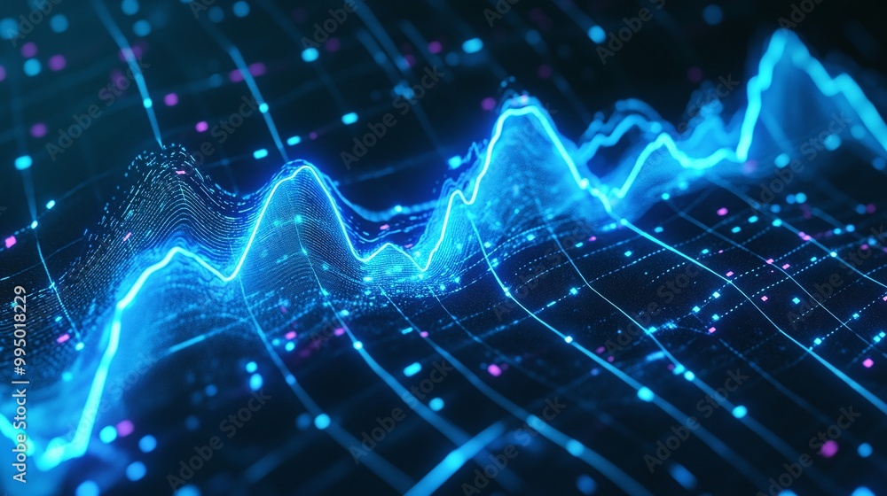 Poster abstract digital wave, glowing lines on dark background, representing data visualization and technol