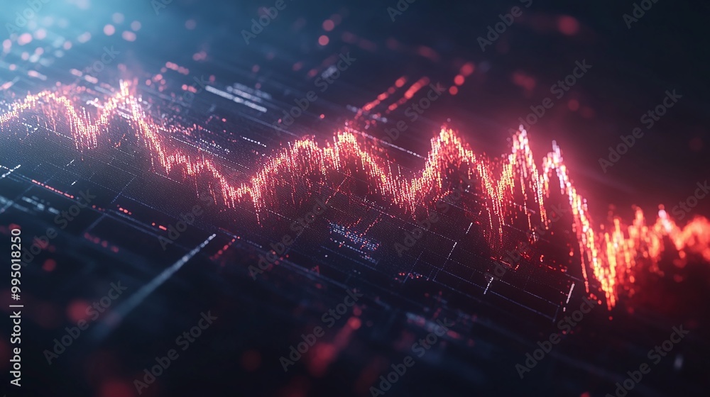 Poster abstract digital wave form with glowing particles, representing data flow and technology evolution.