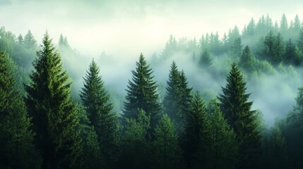 Fototapeta premium A serene and enchanting view of a misty pine forest bathed in soft morning light, symbolizing tranquility, nature's beauty, and a sense of wonder.