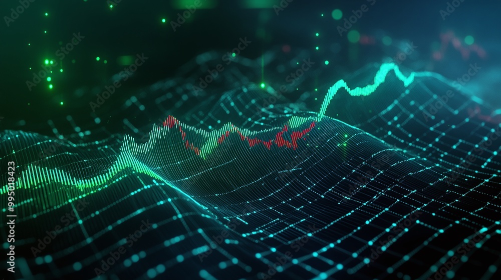 Poster abstract digital wave forms with glowing lines representing data tracking and analysis in a modern t