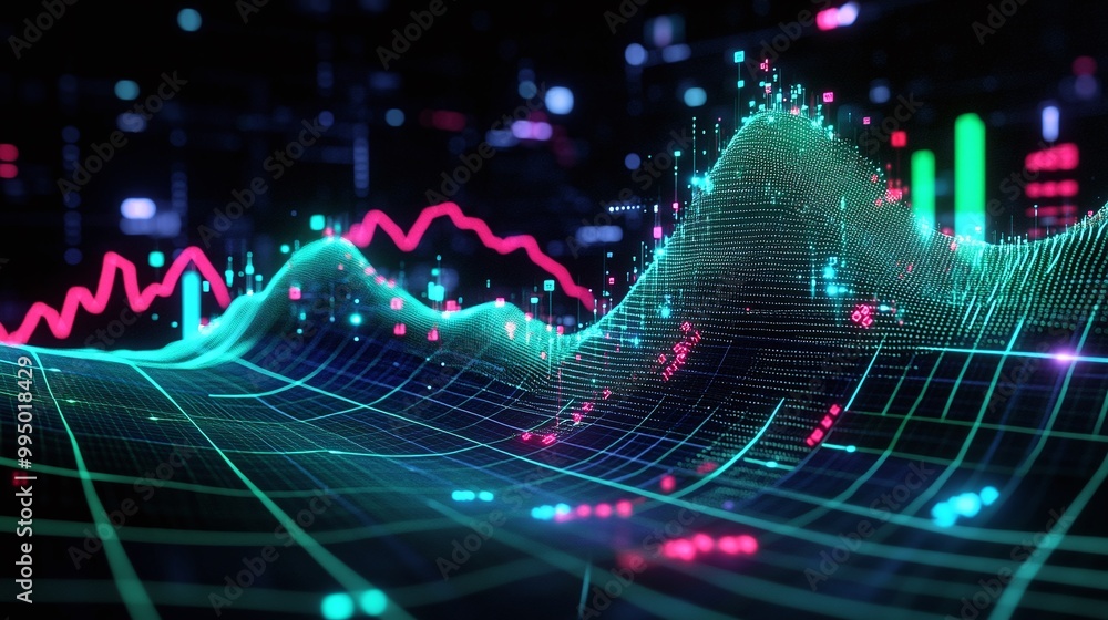 Poster abstract digital wave graph representing data visualization and analytics, on a dark background.
