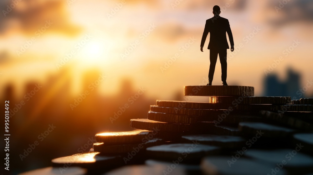 Poster a silhouette of a businessman standing on a stack of coins, representing the concept of mitigating r