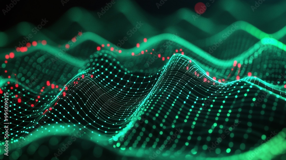 Poster abstract digital wave pattern with green dots on a dark background, representing data visualization.