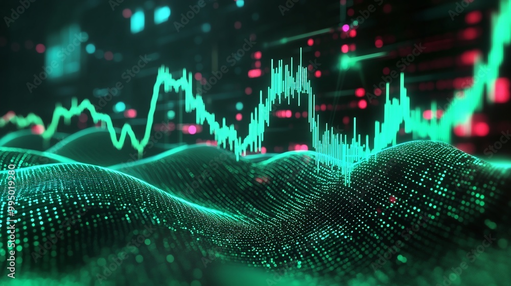 Poster abstract digital wave pattern with vibrant neon colors showcasing data visualization and analytics.