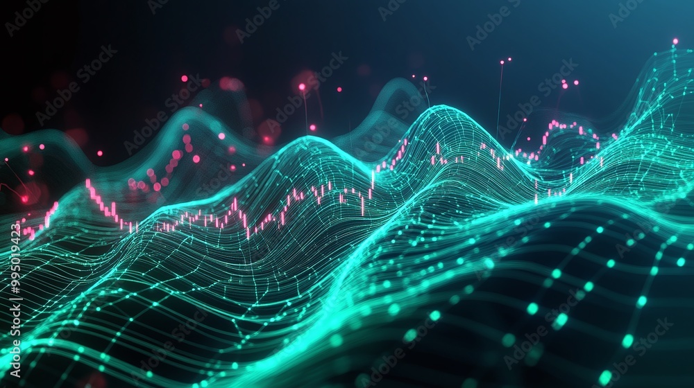 Poster abstract digital wave patterns in vibrant colors representing data and technology.