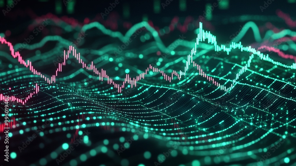 Poster abstract digital wave patterns in vibrant colors representing data flow and analytics.