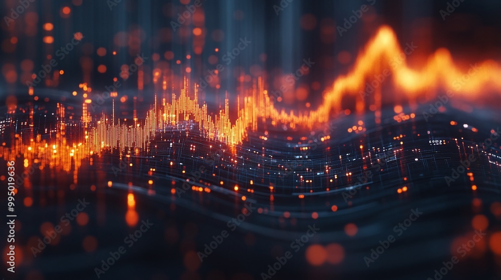 Poster abstract digital wave visualization with glowing orange particles on a dark background.