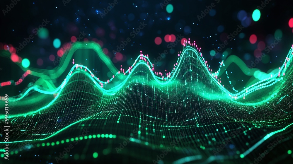 Poster abstract digital wave visualization with glowing green lines and colorful particles on a dark backgr