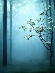 A single blooming tree stands out in a mystical misty forest, its white flowers symbolizing purity, hope, and the beauty of nature's resilience. The fog adds an ethereal touch, representing mystery an