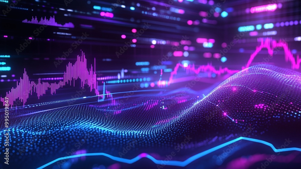 Poster abstract digital wave with vibrant purple and blue lines representing data flow and analytics on a d