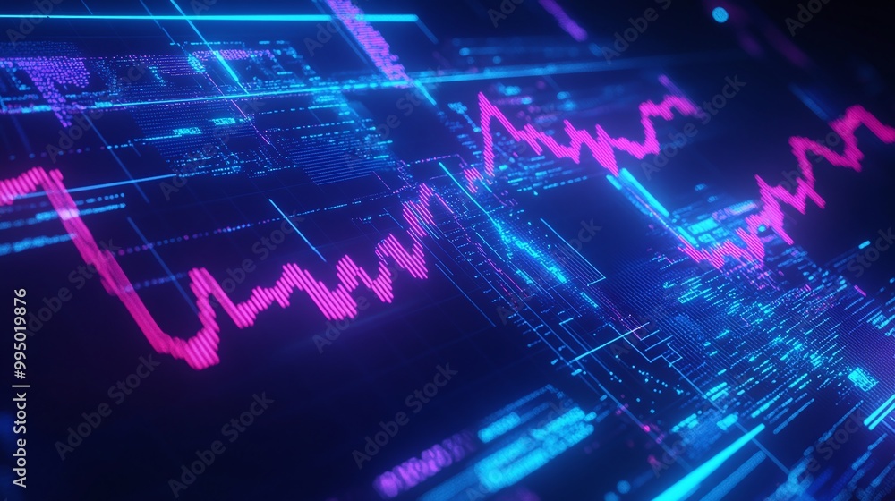 Poster abstract digital waveform representation, showcasing vibrant colors and intricate data patterns in a