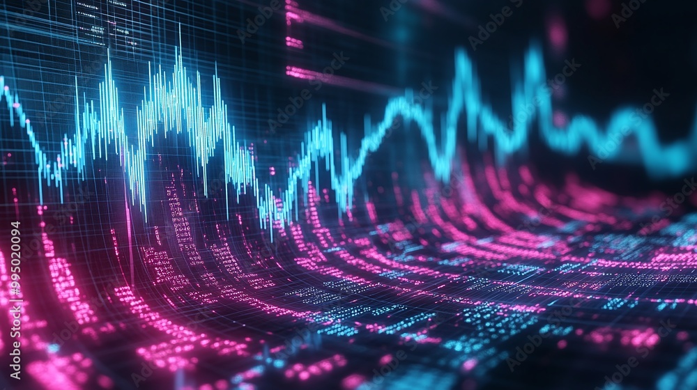 Poster abstract digital waveforms in blue and pink, illustrating sound waves and data visualization, white 