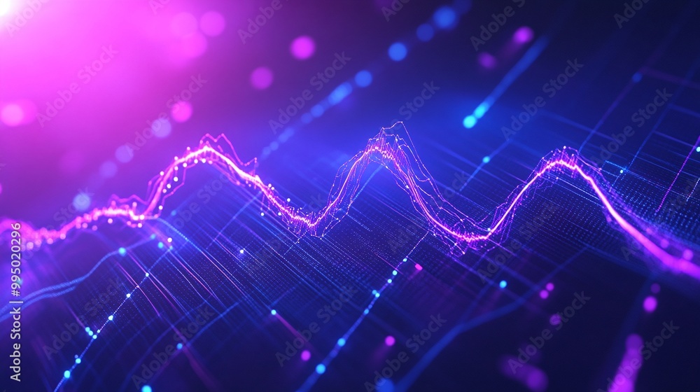 Poster abstract digital waveforms in vibrant colors with glowing effects, perfect for tech and music themes