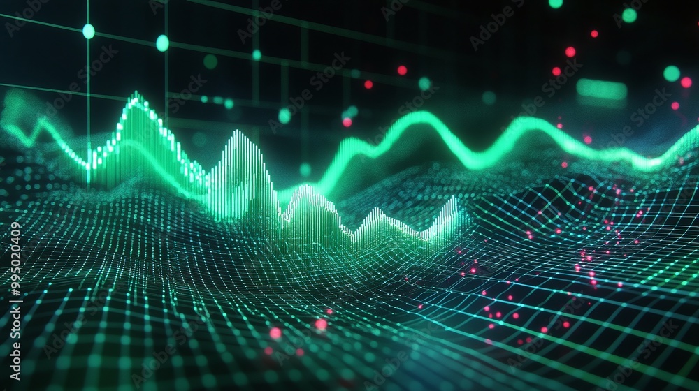 Poster abstract digital waveforms in vibrant green, representing data flow and analytics with a futuristic 