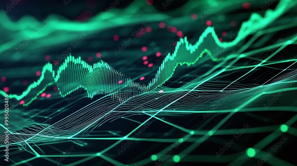 Aufkleber abstract digital waves and graphs in green tones representing data analysis and financial markets.