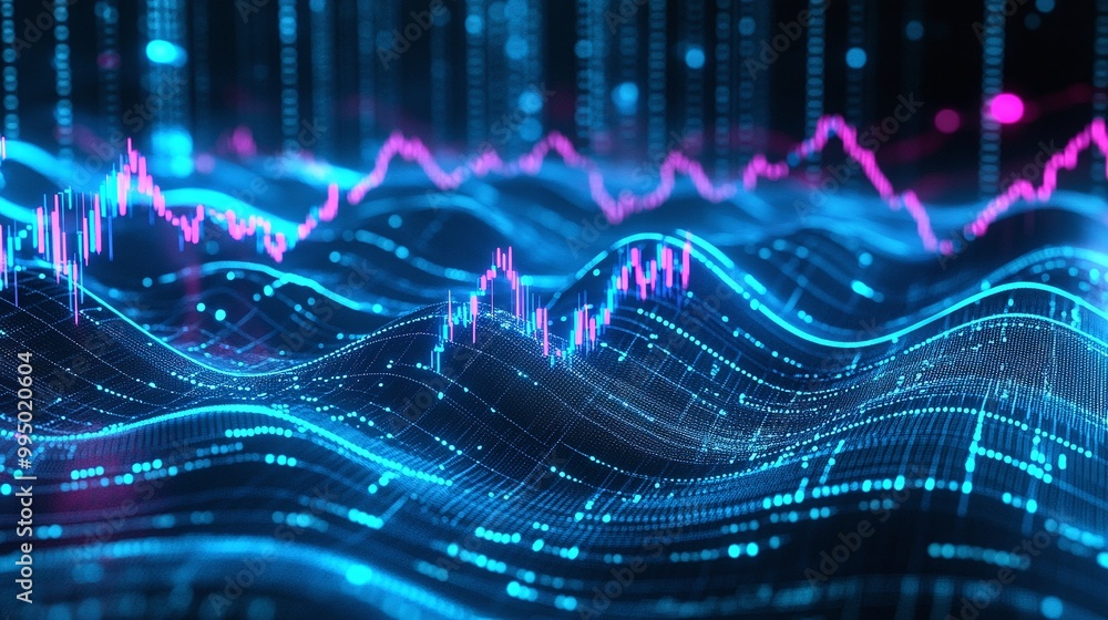 Poster abstract digital waves with colorful graphs representing data analysis and technology concepts.
