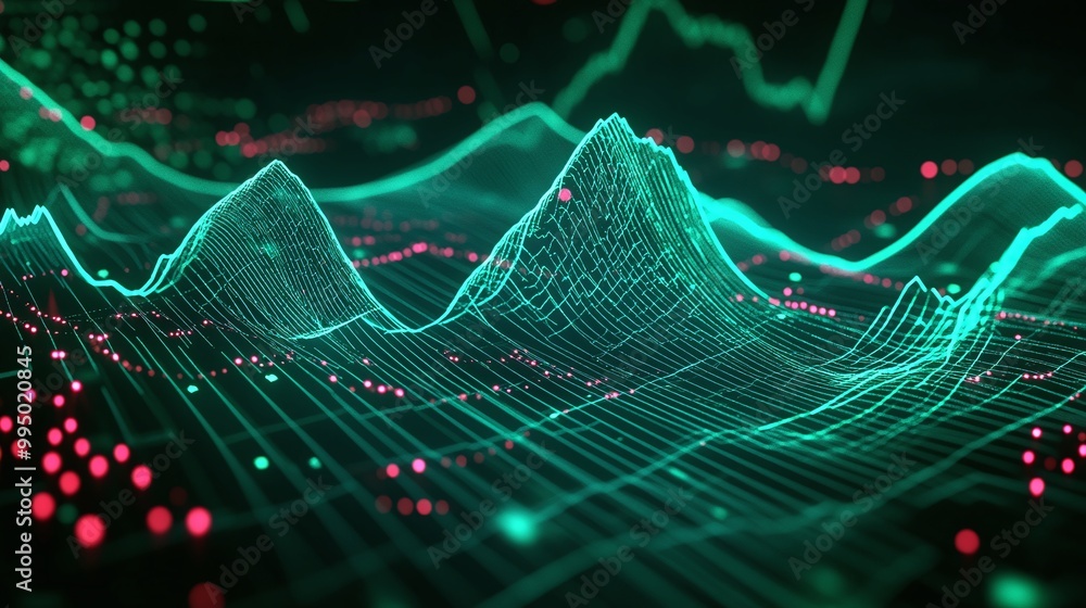 Poster abstract digital waves with green lines and glowing dots representing data and analytics in a modern