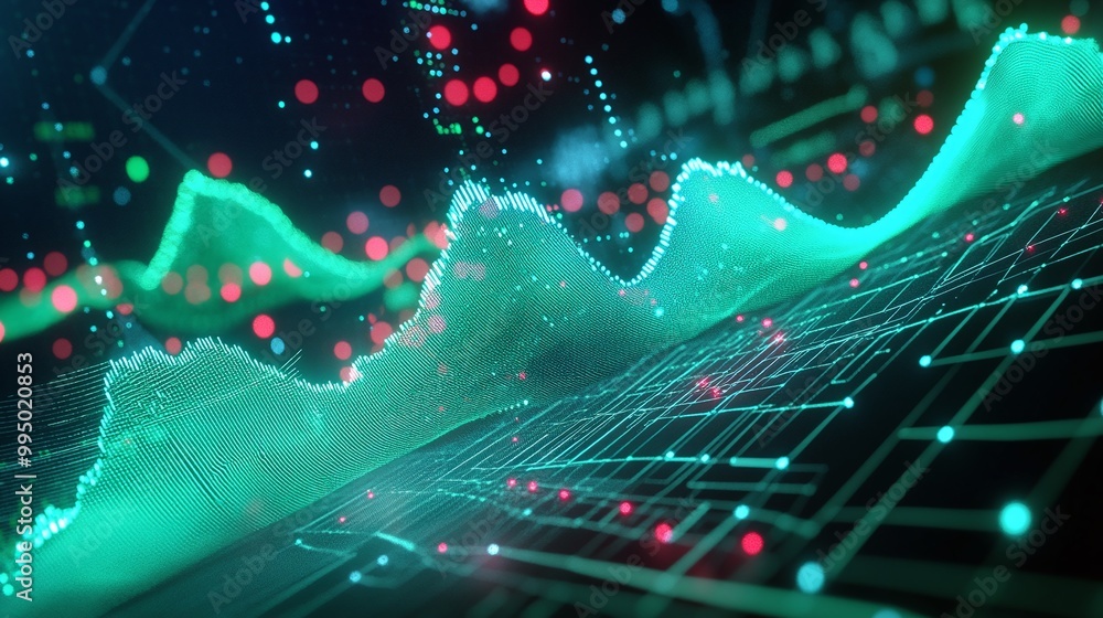Poster abstract digital waves with glowing particles on a dark background, representing data visualization 