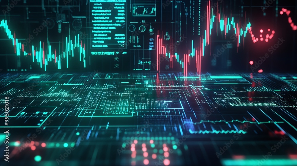 Poster abstract display of digital financial data with glowing graphs and charts in a futuristic style.