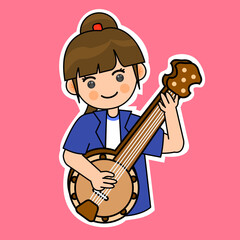 Cartoon Girl Playing Banjo. Music Instrument Vector Illustration. Suitable for Adorable Stickers and Musical Performance Content
