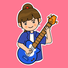 Cartoon Girl Playing Electric Guitar Bass. Music Instrument Vector Illustration. Suitable for Adorable Stickers and Musical Performance Content
