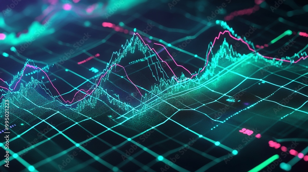 Poster abstract financial data analysis with vibrant graphs and glowing lines on a dark background.