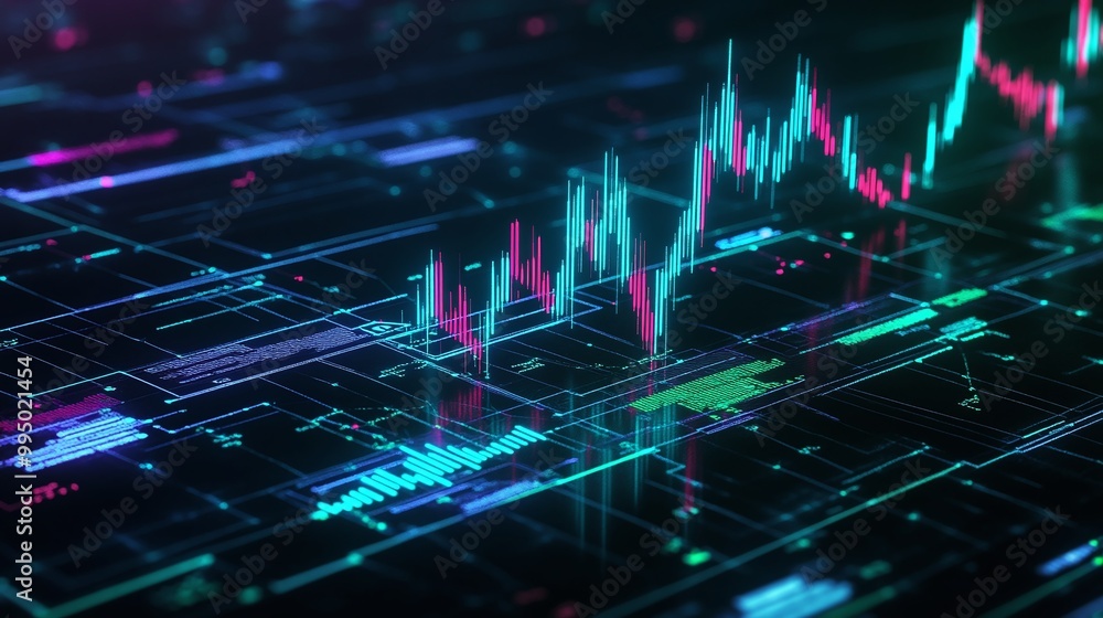 Poster abstract financial data visualization with colorful charts and graphs on a digital interface.