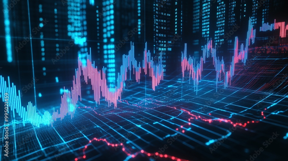 Poster abstract financial data visualization with charts and graphs in vibrant blue and pink colors.