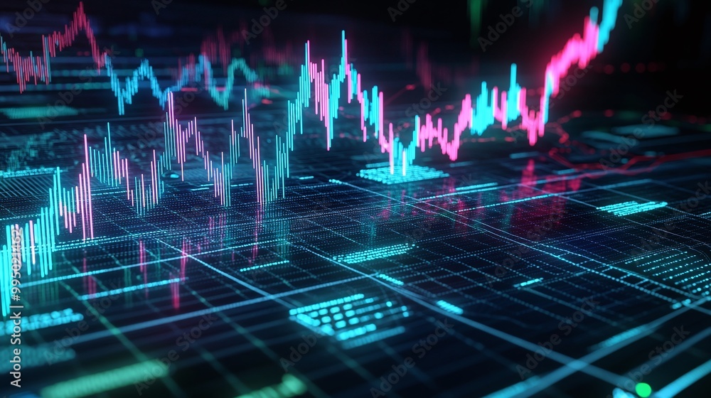 Poster abstract financial data visualization with colorful graphs and charts on digital interface.