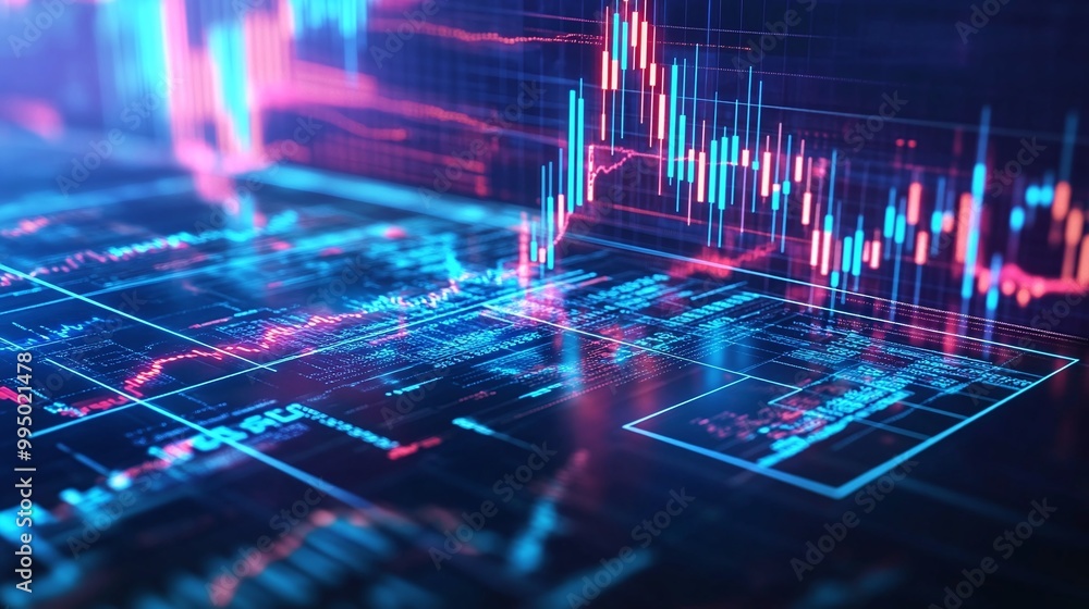 Poster abstract financial data visualization with colorful graphs and charts on a digital interface.