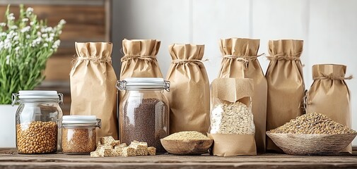Assorted jars and bags of ingredients on a wooden table, perfect for healthy cooking.
