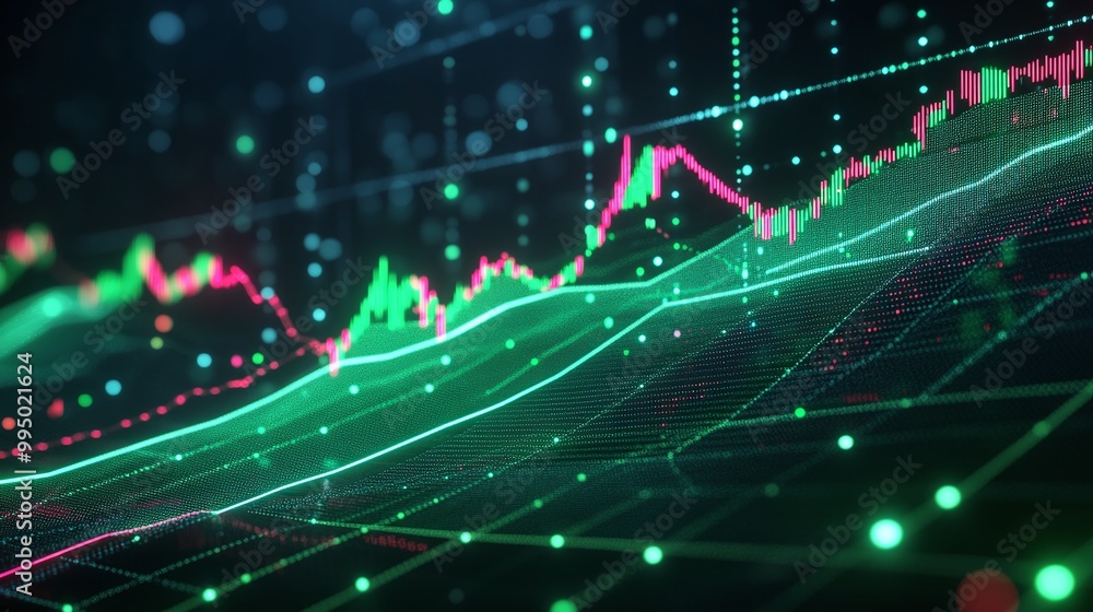 Poster abstract financial data visualization with colorful graphs and glowing lines on a digital background