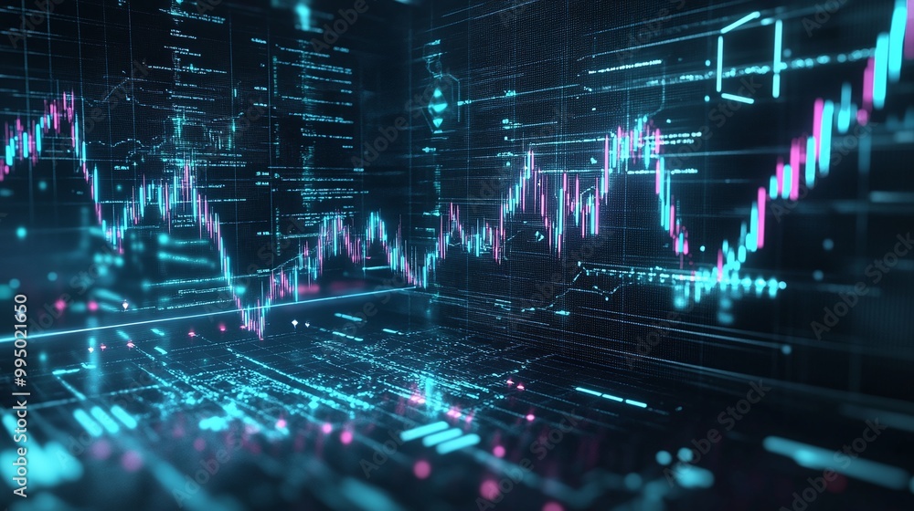 Poster abstract financial data visualization with dynamic charts and glowing elements against a dark backdr
