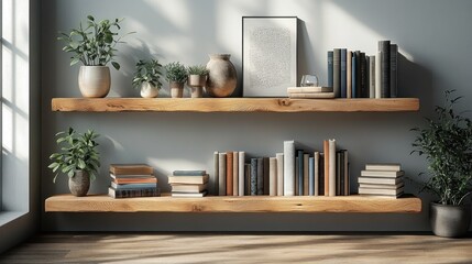 Cozy wooden shelves displaying books and plants in a serene space.