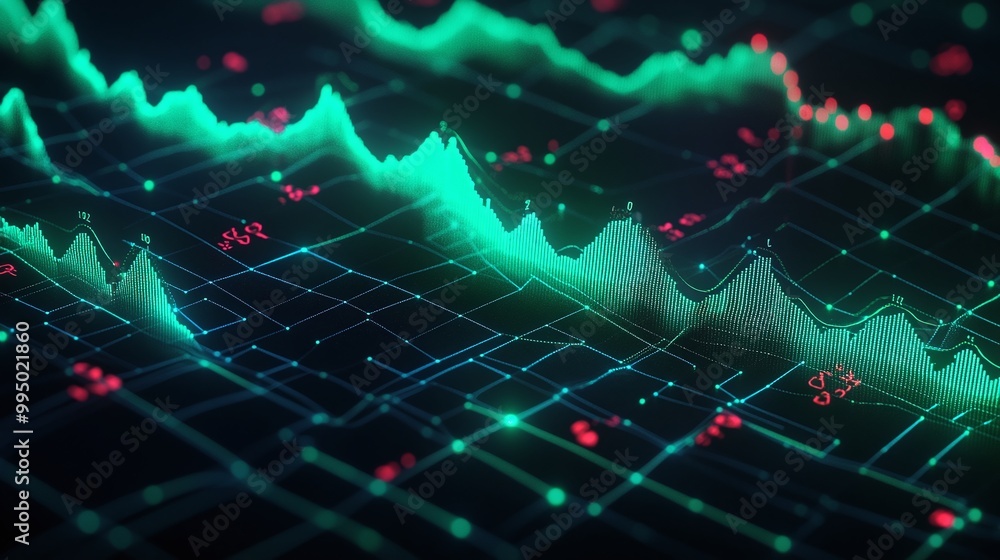 Poster abstract financial data visualization with fluctuating graphs and vibrant colors.