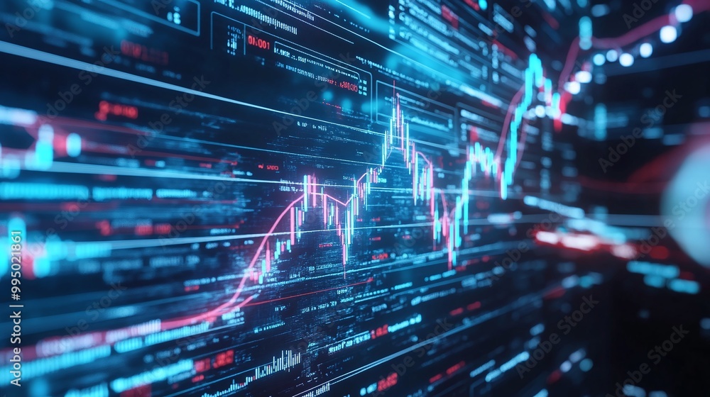 Poster abstract financial data visualization with glowing charts and lines on a digital background.