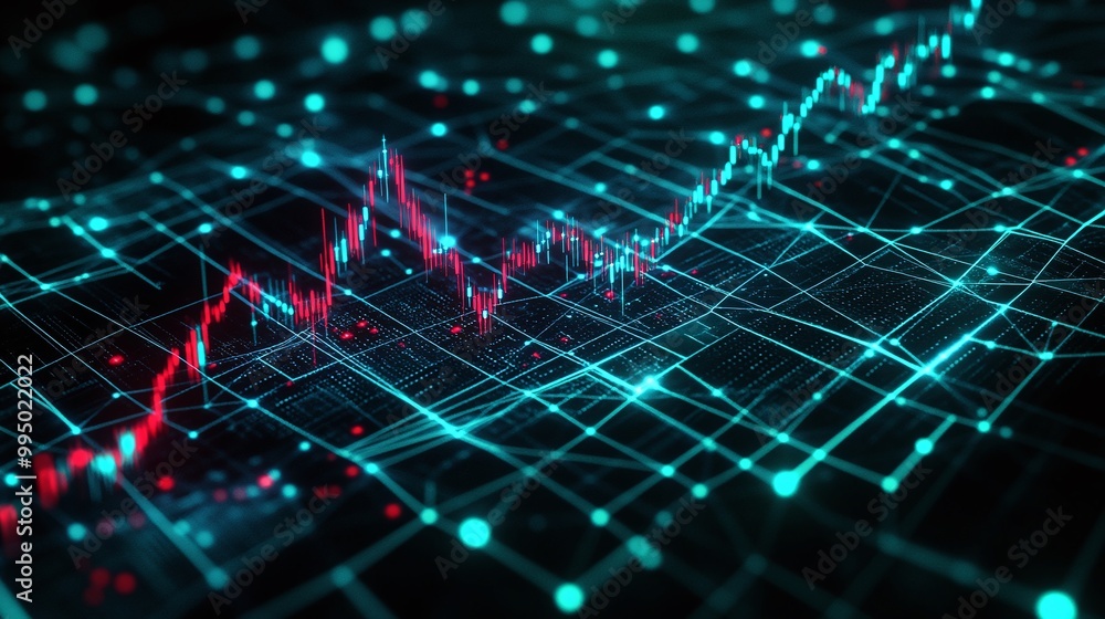 Poster abstract financial data visualization with glowing graphs on dark background.