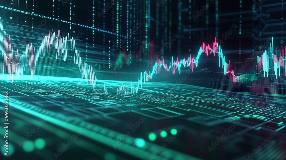 Poster abstract financial data visualization with glowing lines and dynamic graphs on a digital interface.