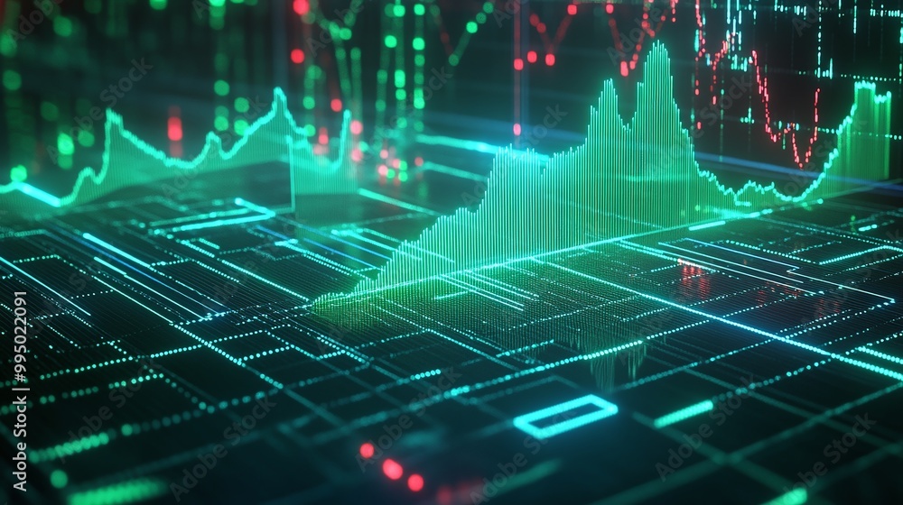 Poster abstract financial data visualization with green and red graphs on a digital interface.