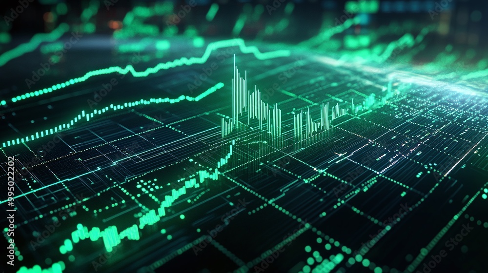 Poster abstract financial data visualization with green graphs and charts on a digital interface.