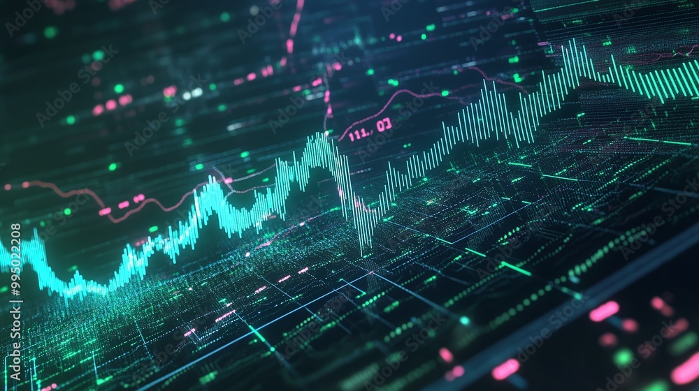 Poster abstract financial data visualization with vibrant line graphs and digital elements.