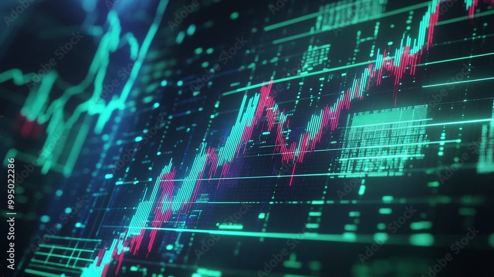 Poster abstract financial data visualizations with colorful graphs on a digital background.