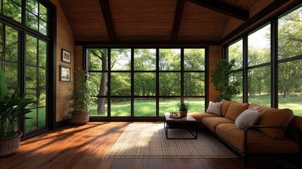 Obraz premium A spacious, modern barn interior flooded with natural light, featuring a comfortable sofa, a coffee table, and a serene view of a lush green landscape. The room exudes a sense of warmth, tranquility, 