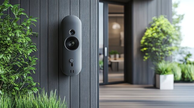 Modern video doorbell mounted on a wooden exterior wall.