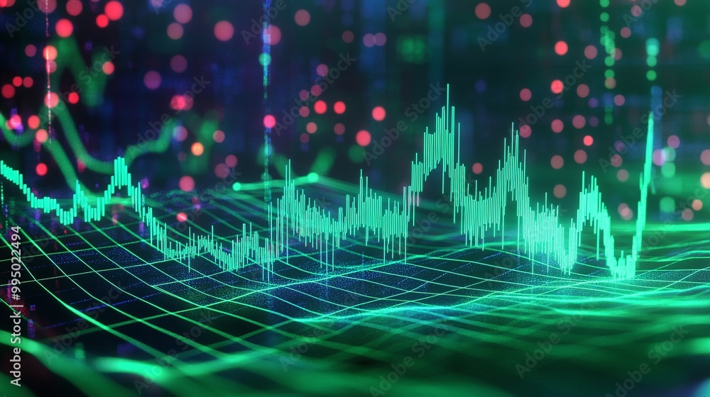 Poster abstract financial graph with glowing green lines on a digital background filled with colorful data 